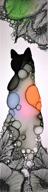 Free abstract cat art bookmarks featuring black and orange colors behind cat abstract art